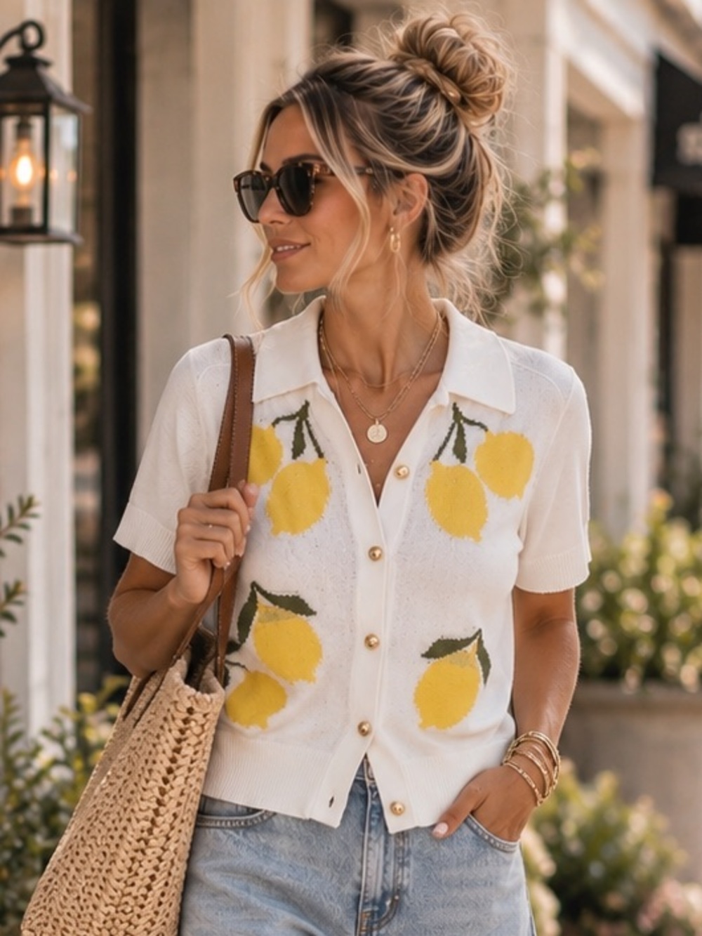 Free Assembly Lemon Knit Collared Button Accented Top Cream Size Medium